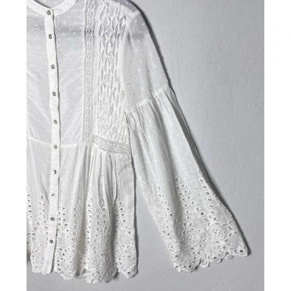 Sundance Lace Eyelet Peasant Top Sz XS Cottage Boho Sheer Button Front Bell Slv - Picture 2 of 10
